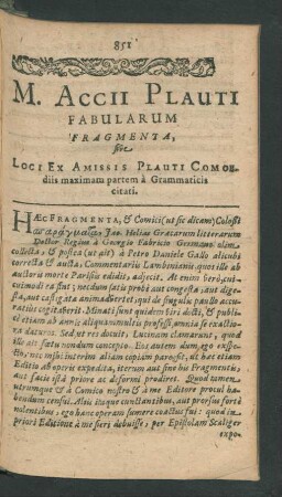 M. Accii Plauti Fabularum Fragmenta, sive Loci Ex Amissis Plauti Comoediis ...