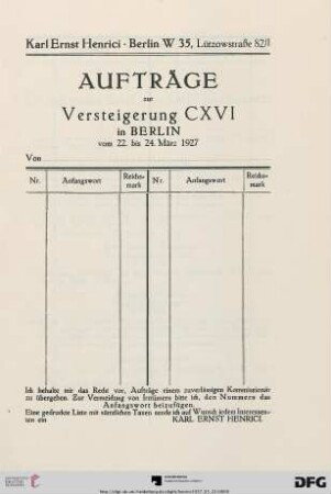 Aufträge zur Versteigerung CXVI