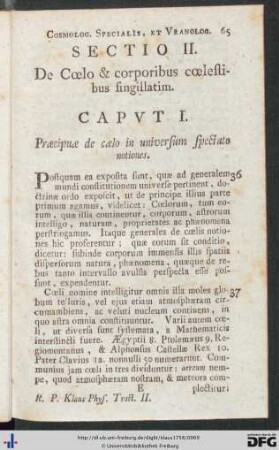 Sectio II. De Coelo et corporibus coelestibus singillatim.