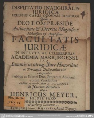 Disputatio inauguralis juridica exhibens casus quosdam practicos