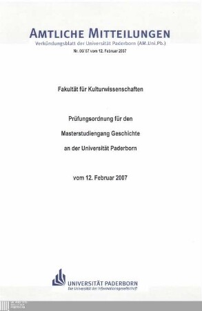 Prüfungsordnung für den Masterstudiengang Geschichte an der Universität Paderborn : vom 12. Februar 2007