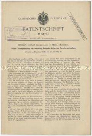 Patentschrift einer Zylinder-Reibungskupplung mit Druckring, federnden Keilen und Exzenternachstellung, Patent-Nr. 34701
