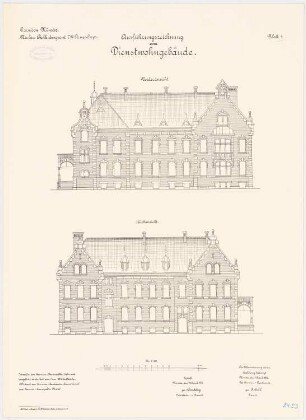 Bekleidungsamt des VII. Armeekorps, Münster: Dienstwohngebäude: Aufriss Vorderansicht, Rückansicht 1:100