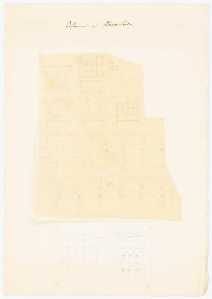 Zisternen, Alexandria: Oberes Blatt: Zisternen innerhalb der Stadt der Araber, zwei Grundrisse, drei Schnitte, Details, Maßangaben - unteres Blatt: Zisterne beim Tor nach Rosette, Ansicht, Grundriss, Maßstabsleiste (Nach- oder Durchzeichnung nach Pococke I, 3)