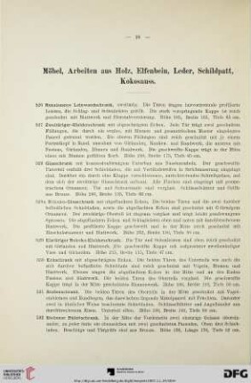 Möbel, Arbeiten aus Holz, Elfenbein, Leder, Schildpatt, Kokosnuss (Nr. 526-665)