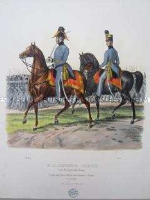 Uniformdarstellung, Stabsoffizier und Oberoffizier des Pionier-Korps in Parade-Uniform zu Pferd, Österreich, 1840. Tafel aus: Trentsensky: K.K. Oesterreichische Armée nach der neuen Adjustirung.