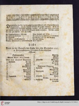 Liste derer in der Bataille bey Lissa den 5ten December 1757, zu Kriegsgefangenen gemachten Oesterreichischen Officiers