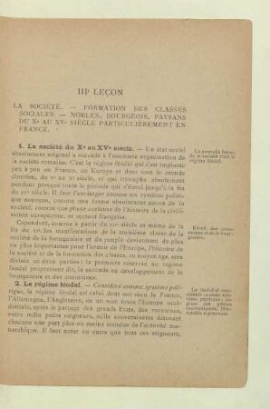IIIe leçon La société. - Formation des classes sociales. - Nobles, bourgeois, paysans du Xe au XVe siécle particuliérement en France