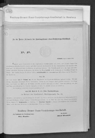An die Herren Actionaire der Hamburg-Bremer Feuer-Versicherungs-Gesellschaft.
