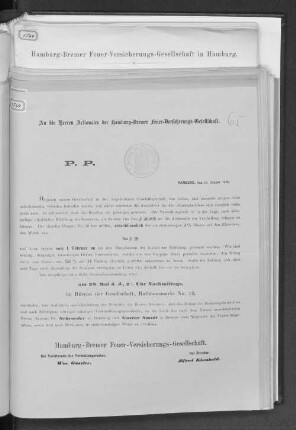 An die Herren Actionaire der Hamburg-Bremer Feuer-Versicherungs-Gesellschaft.