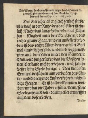 [Textus].../ aus dem Buch der Weißheit/ und lauten Cap. 4. v.1 biß 7. also: