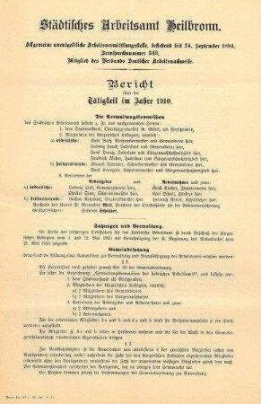Städtisches Arbeitsamt Heilbronn Tätigkeitsberich für das Jahr 1910
