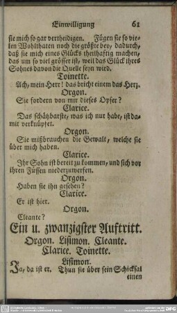 Ein u. zwanzigster Auftritt. Orgon. Lisimon. Cleante. Clarice. Toinette