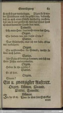 Ein u. zwanzigster Auftritt. Orgon. Lisimon. Cleante. Clarice. Toinette