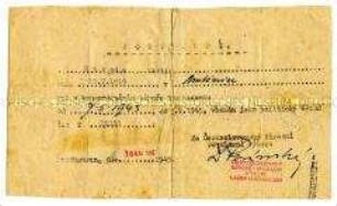 Bescheinigung über den Aufenthalt im KZ Mauthausen in tschechischer Sprache