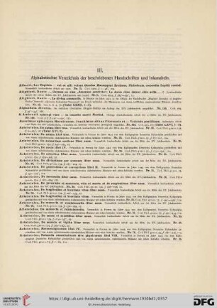 III. Alphabetisches Verzeichnis der beschriebenen Handschriften und Inkunabeln