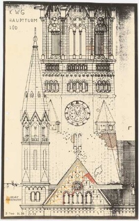 Kaiser-Wilhelm-Gedächtniskirche, Berlin-Charlottenburg: Ansicht Hauptturm Süd, Ausschnitt, Aufnahme der Kriegsschäden, 1:100