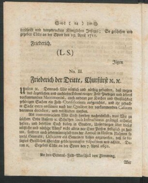 No. III. Friedrich der Dritte, Churfürst [et]c. [et]c.