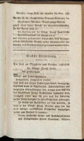 Sechste Abtheilung. Die Titel an Magisträte und Gerichte, außerhalb der Königl. Preuß. Lande,[...]