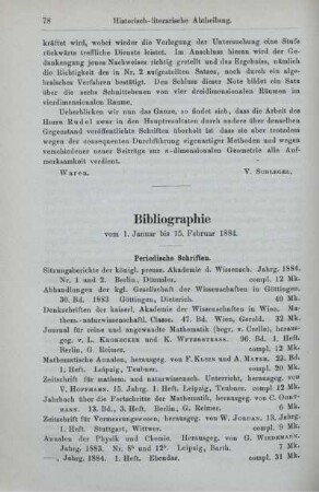 Bibliographie vom 1. Januar bis 15. Februar 1884.