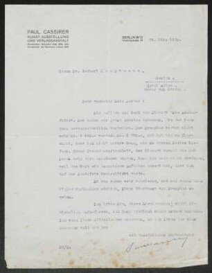 Brief von Paul Cassirer von Verlag Paul Cassirer  an Gerhart Hauptmann