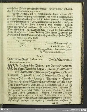Num. 38. Anderweites Kayserl. Mandatum in Causa Höxar contra Corvey de Anno 1620
