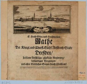 Titelblatt eines Predigtbandes von Paul Christian Hilscher (1666-1730, Prediger in Alten-Dresden) 1735 mit einer Stadtansicht von Dresden