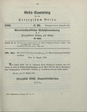 20. Ministerialbekanntmachung, die Pferde-Aushebungs-Vorschrift betreffend. Vom 15. August 1902.