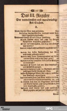 Das III. Register Der vornehmsten und merckwürdigsten Sachen.