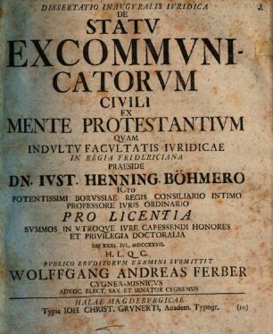 Dissertatio Inavgvralis Ivridica De Statv Excommvnicatorvm Civili Ex Mente Protestantivm