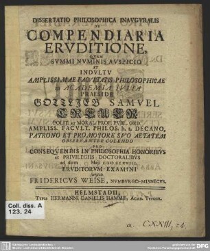 Dissertatio Philosophica Inauguralis De Compendiaria Eruditione