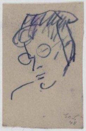 [o.T.]. Kopf mit Brille, nach unten blickend