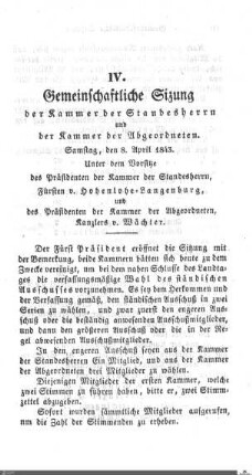 Gemeinschaftliche Sitzung, Stuttgart, 8.4.1843