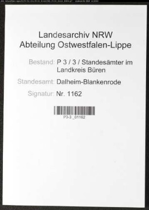 Sterberegister Standesamt Dalheim-Blankenrode