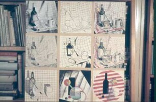 Flaschen-Stilleben. Feder, Tusche, Aquarellfarben, Deckfarben, Foto, Collage (1935; H. Rose)