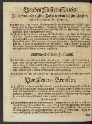 Von den Finsternissen 1691 In diesem 1691igsten Jahre werden sich zwo Finsternissen begeben an der Sonnen ... Am Mond ist keine Finsterniß.