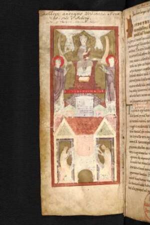 Miniatur: Widmungsbild (oben: Madonna mit Liudger und Benedikt, unten: Skriptorium?)