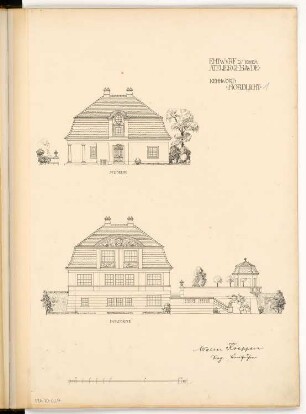 Ateliergebäude Monatskonkurrenz April 1904: Aufriss Südansicht (Eingang), Hangansicht (Nordseite) 1:100; Maßstabsleiste