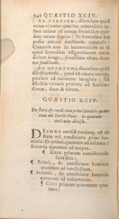Quaestio XCIV. De statu & conditione primi hominis quantum ad intellectum, in quatuor articulos divisa.