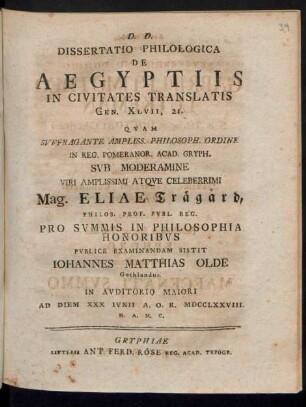 Dissertatio Philologica De Aegyptiis In Civitates Translatis Gen. XLVII, 21.