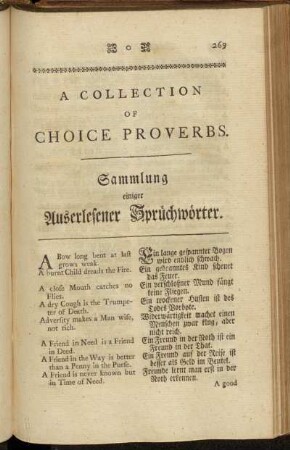 A Collection of Choice Proverbs. = Sammlung einiger Auserlesener Sprüchwörter.