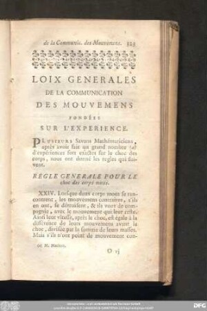 Loix Generales De La Communication Des Mouvements Fondées Sur L'Experience.
