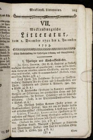 VII. Mecklenburgische Litteratur, vom I. December 1792 bis I. December 1793