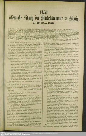 CLXI. öffentliche Sitzung der Handelskammer zu Leipzig am 30. März 1886