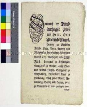 Bekanntmachung des Mandats von Friedrich August III. Kurfürst von Sachsen über die Aufhebung der Grenzzölle für exportierte Wolle im Markgrafentum Oberlausitz