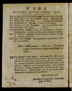 Viri Magnifice, Maxime Strenui, Nobilissimi, Amplissimi Dn. Eitel Sigismunde Lupin. Dn. Joh. Matthæe Hartlieb. Dn. Joh. Jacobe Koch. [...]