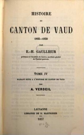 Histoire du Canton de Vaud. 4, 1803 - 1830