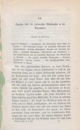 129-150 Studien über die italienische Philosophie in der Gegenwart : Hegel in Italien I.
