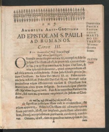 Annotata Anti-Grotiana Ad Epistolam S. Pauli Ad Romanos. Caput III.