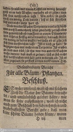 Besonderbarer Bericht Für alle Bäum-Pflantzen. Beschluß.